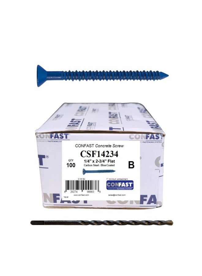 Confast 1/4" X 2-3/4" Flat Phillips Concrete Screw Anchor with Drill Bit (100 Per Box) - Image 1