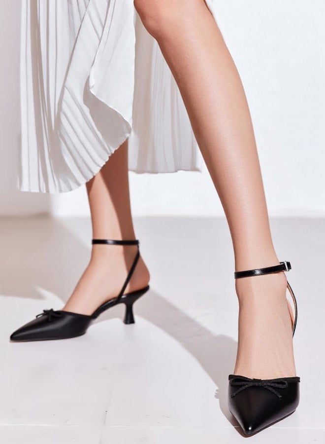Coutgo Satin Kitten Low Heels with Bow Closed Pointed Toe Short Pumps Dress Wedding Party Shoes, Pu Black, 8 - Image 3