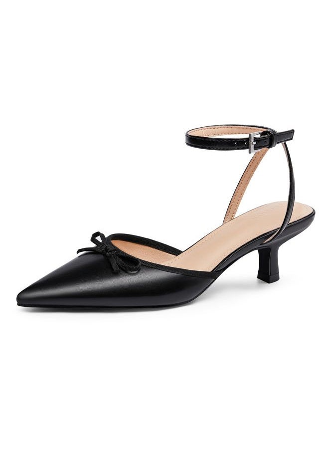 Coutgo Satin Kitten Low Heels with Bow Closed Pointed Toe Short Pumps Dress Wedding Party Shoes, Pu Black, 8 - Image 1