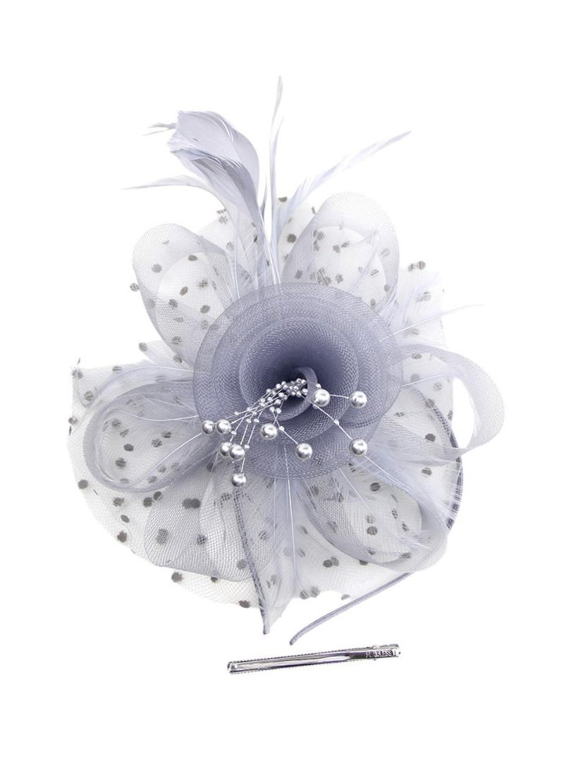 D'Daniela Ddaniela Monalisa Fascinator Hats for Women Tea Party Headband,  Hat Flower Mesh Ribbons Feathers on a Headband and a Clip Tea Party Headwear for Girls and Women Grey - Image 1