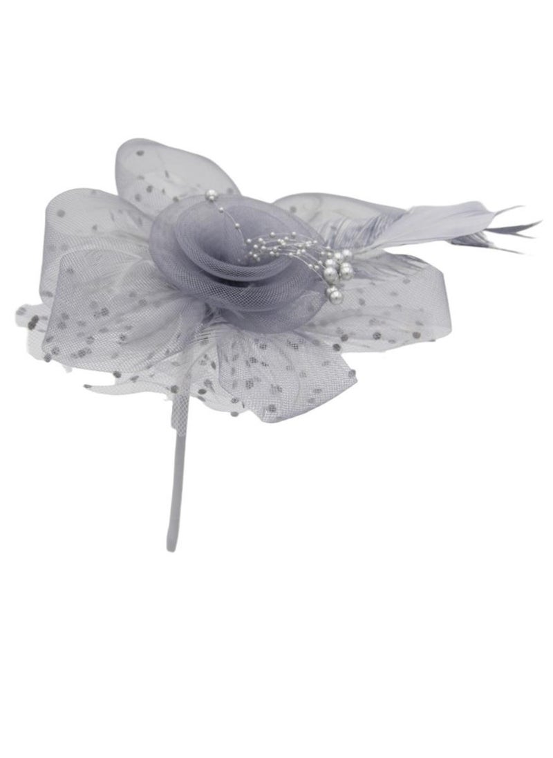 D'Daniela Ddaniela Monalisa Fascinator Hats for Women Tea Party Headband,  Hat Flower Mesh Ribbons Feathers on a Headband and a Clip Tea Party Headwear for Girls and Women Grey - Image 2