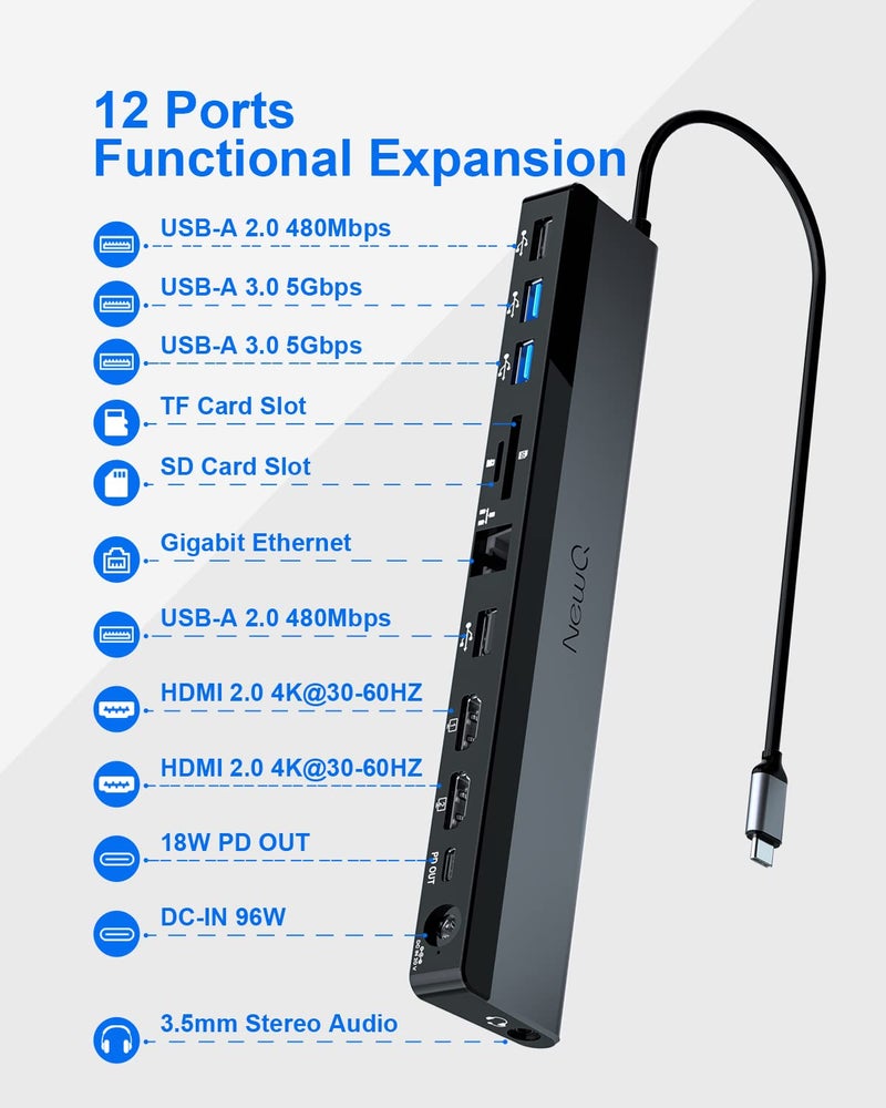 NewQ USB C Docking Station Dual Monitor with Power Adapter: NewQ 12-in-1 Thunderbolt 3 | 4 Dock, Dual 4K HDMI, 4 USB, Audio, Ethernet, SD/TF Slot, 18W PD Out, for Mac, HP, Dell, Lenovo, Surface, Asus, Acer - Image 2