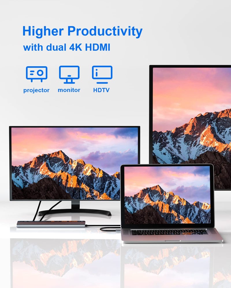 NewQ USB C Docking Station Dual Monitor with Power Adapter: NewQ 12-in-1 Thunderbolt 3 | 4 Dock, Dual 4K HDMI, 4 USB, Audio, Ethernet, SD/TF Slot, 18W PD Out, for Mac, HP, Dell, Lenovo, Surface, Asus, Acer - Image 3