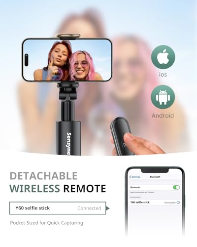 Sensyne 60" Phone Tripod - Selfie Stick, Lightweight All in One Phone Tripod Integrated with Wireless Remote Compatible with All Cell Phones for Selfie/Video Recording/Photo/Live Stream/Vlog（Black） - Image 3