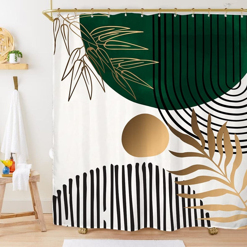 Miyotaa Abstract Leaves Shower Curtain Set 60Wx71H Inches Emerald Green Modern Tropical Mid Century Simple Minimalist Chic Polyester Waterproof Cloth Bathroom Curtain with 12 Hooks