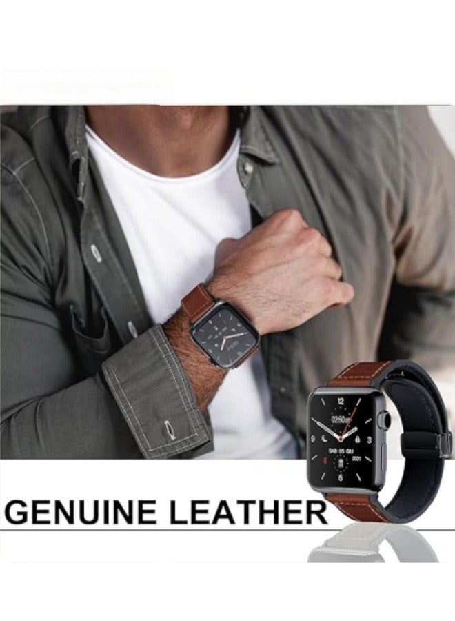 Angola Panda Magnetic Leather Watch Band for Apple Watch Ultra, 49mm/46mm/45mm/44mm/42mm - Magnetic Buckle Replacement Genuine Leather Strap for Apple Watch Series, brown  - Image 2