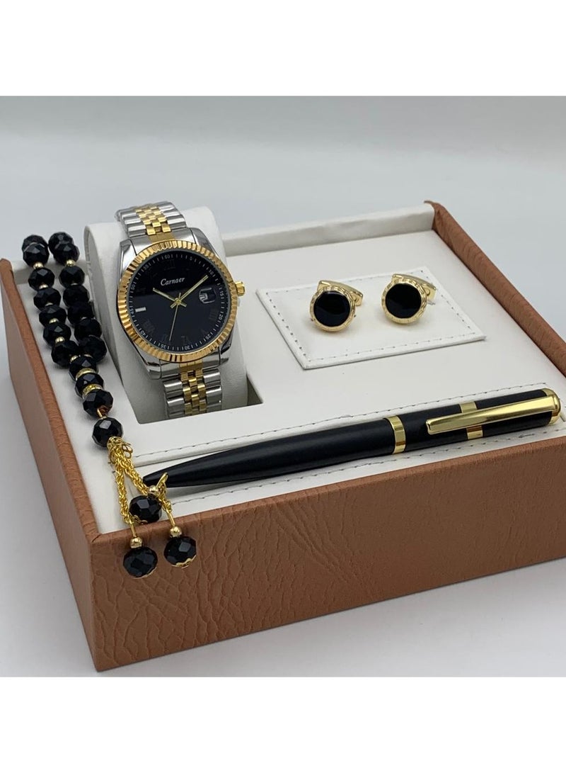Men's set from Carnaer, consisting of fuor pieces: a watch, a pen, cufflinks, and a rosary.