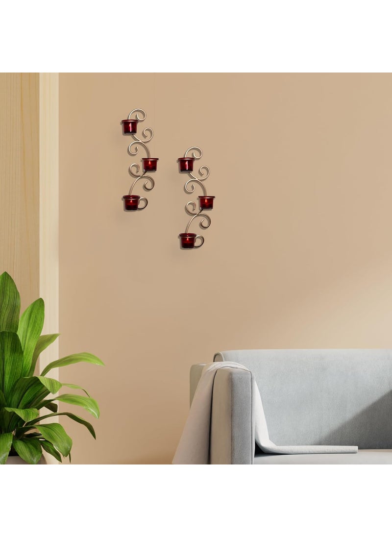 Hosley - HOSLEY Metal Clear and Red Glass Tealight Candle Holders|Wall Hanging Candle Holders|Christmas Decorations Items for Home Wall Decor Gifts|Pack of 2(12 Cup) with Pack of 12 Tealights(Gold) - Image 1