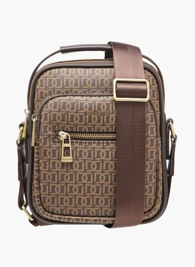 دوتشيني Mens Monogram Print Crossbody Bag With Zip Closure And Adjustable Strap