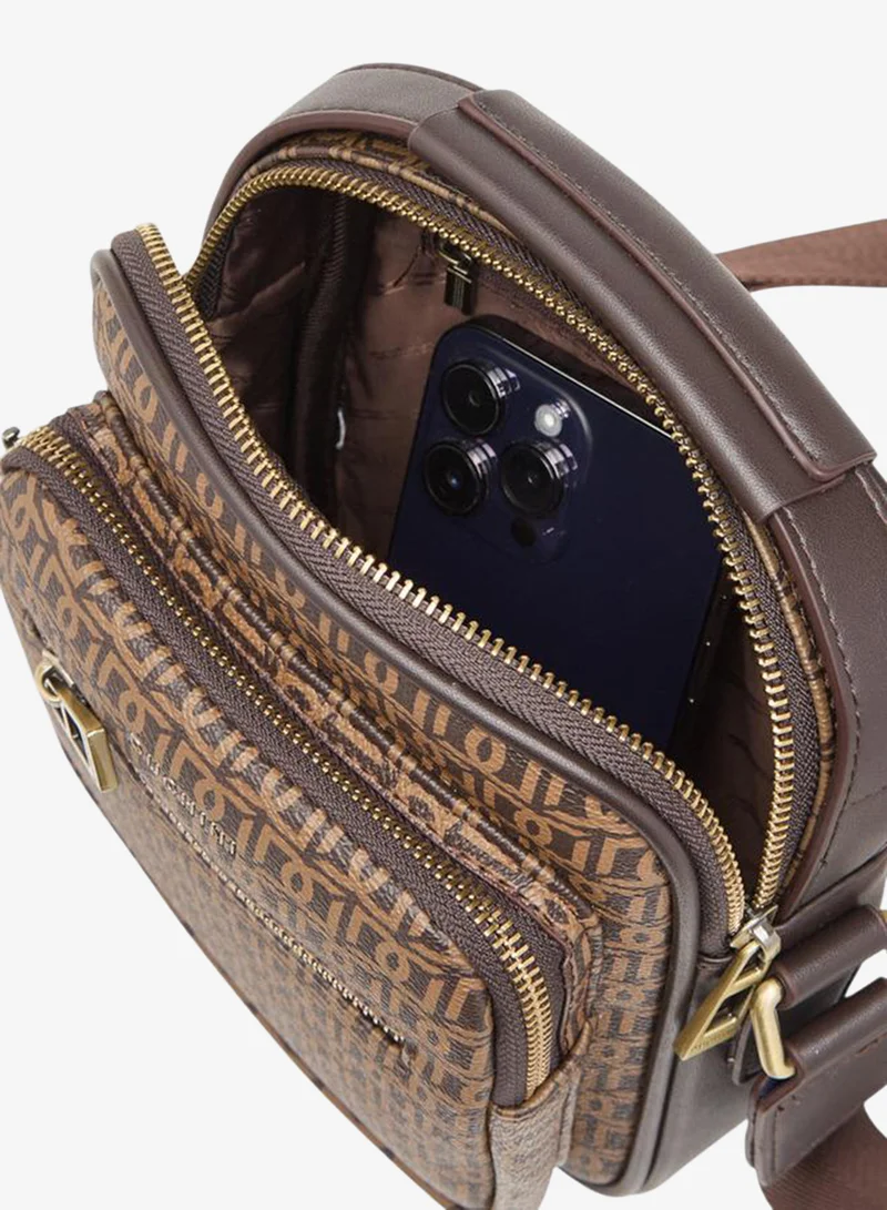 Duchini BROWN Mens Monogram Print Crossbody Bag With Zip Closure And Adjustable Strap for Men | Best Price UAE