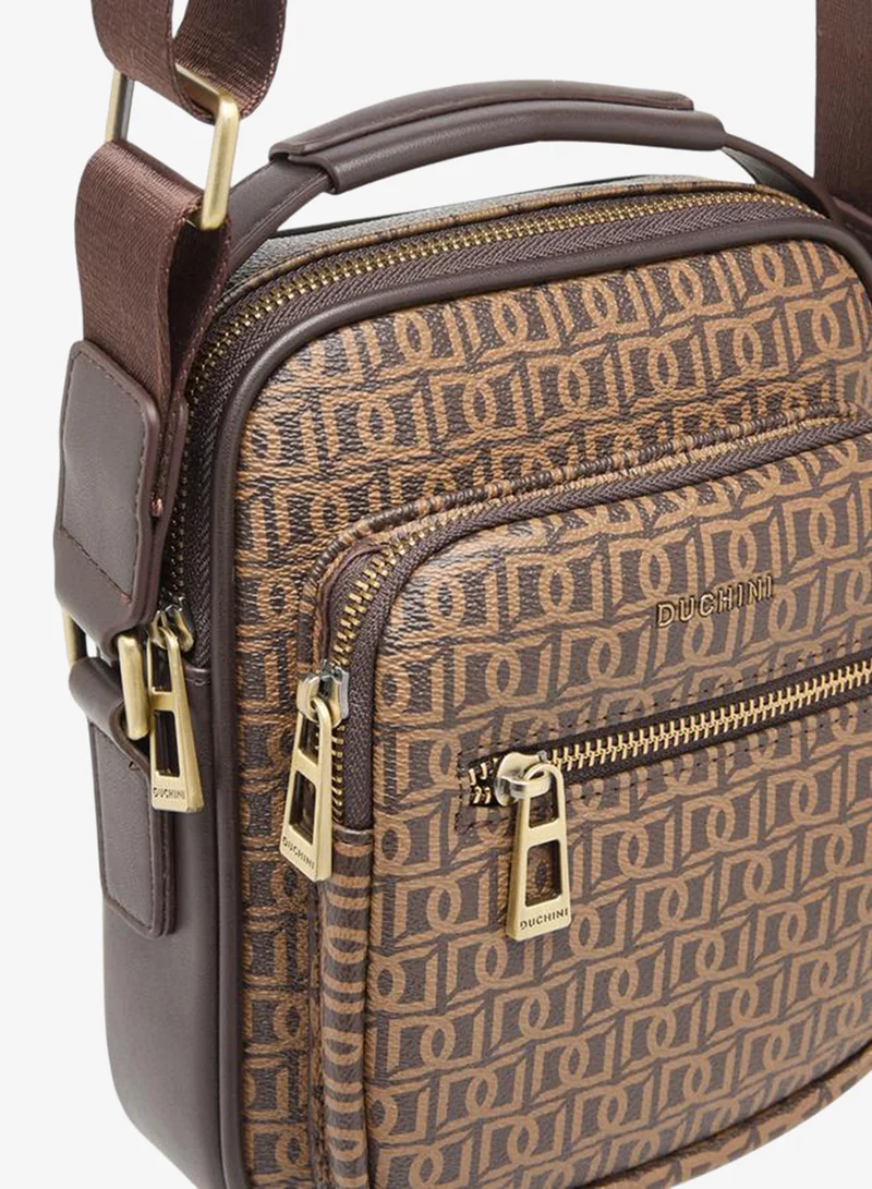 Duchini BROWN Mens Monogram Print Crossbody Bag With Zip Closure And Adjustable Strap for Men | Best Price UAE