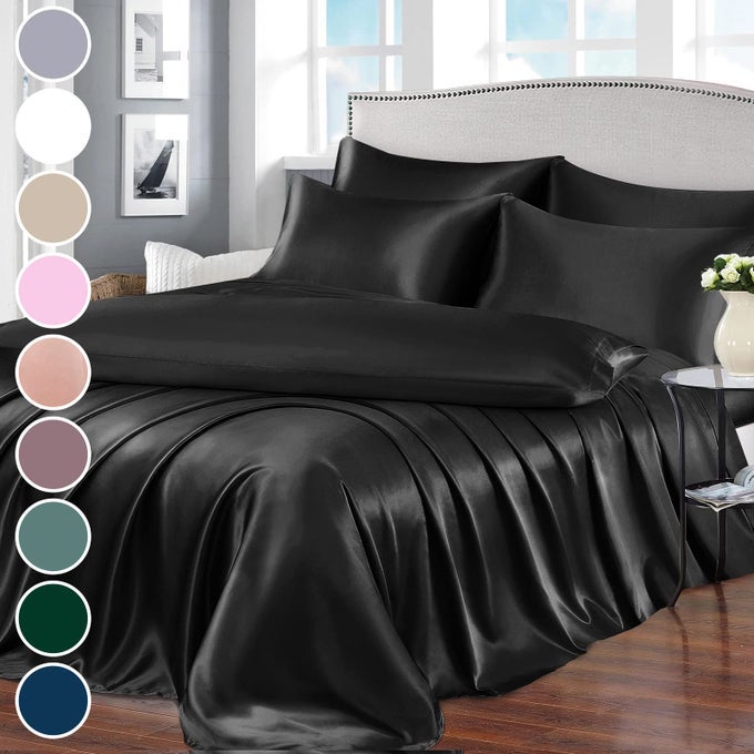 7PCS SATIN SHEETS QUEEN SIZE BED SET SATIN SHEET SET BLACK BED SHEETS LUXURY SILKY SATIN BEDDING SET 1 DEEP POCKET FITTED SHEET 1 SOFT FLAT SHEET 4 PILLOWCASES 1 BODY PILLOWCASE
