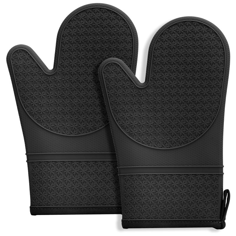MEETOZ Silicone Oven Mitts Oven Gloves with NonSlip silicone 2PCS Black Oven Mitts Heat Resistant 600 Degree Soft Lining Silicone Oven Gloves for Cooking Baking Kitchen Mittens