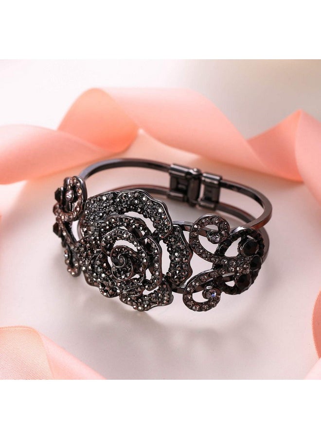 EVER FAITH Black-Tone Insect Butterfly Rose Bracelet Black Austrian Crystal  - Image 3