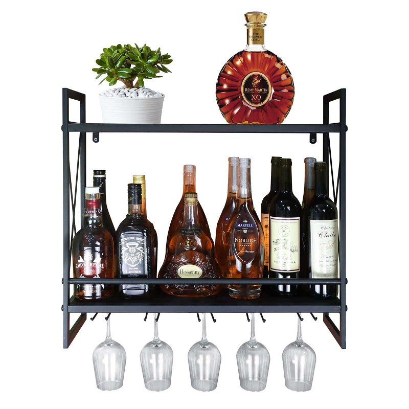FLRH Wine Racks Wall Mounted 242in Black Metal Multipurpose Shelf Hung Bracket with Glass Holder 2Tiers Wall Mount Bottle Holder Glass Rack
