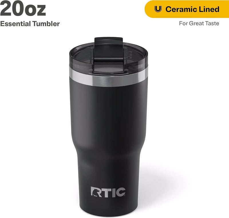 RTIC 20oz Essential Tumbler with Lid, Insulated, Stainless Steel, Metal, Double Wall Vacuum-Insulation, Ceramic Lined, Travel Cup for Iced Coffee, Tea, Hot and Cold Drink, Black - Image 1