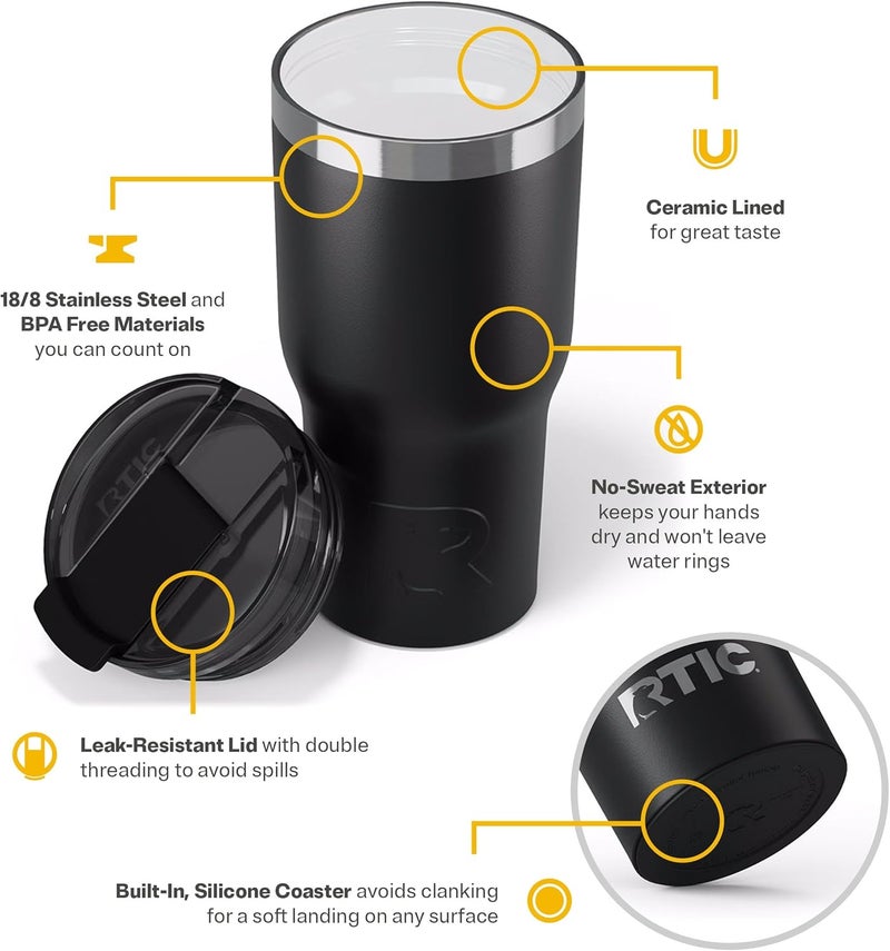 RTIC 20oz Essential Tumbler with Lid, Insulated, Stainless Steel, Metal, Double Wall Vacuum-Insulation, Ceramic Lined, Travel Cup for Iced Coffee, Tea, Hot and Cold Drink, Black - Image 3