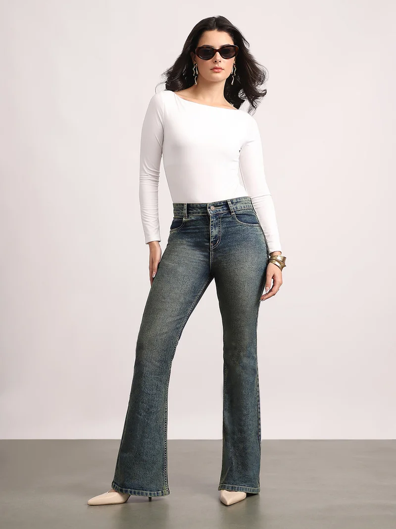 Urbano Fashion  Urbano Fashion Women's Blue Mid Rise Bootcut Washed Jeans Stretchable  | Best Price UAE