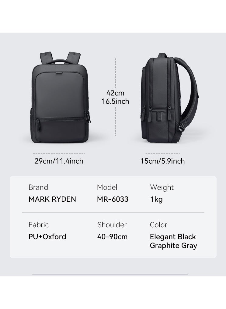 Mark Ryden MR6033 Grey Laptop Backpack 15.6 Inch Water Resistant Travel Bag with USB Charging Port Oxford PU Fabric Anti Theft Pocket and Multi Layer Storage for Business and Daily Commute - Image 3