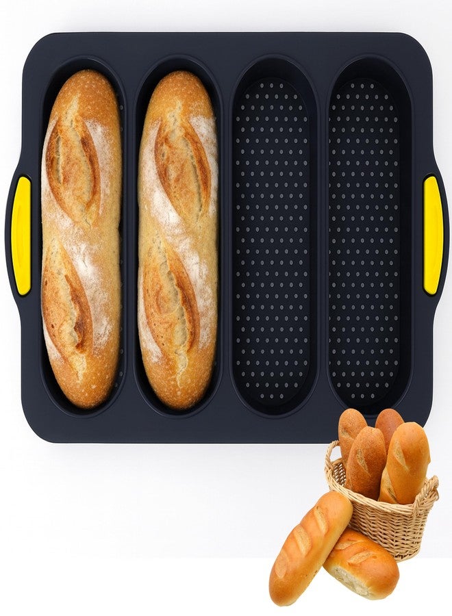 BuleVina French Bread Hoagie Sub Roll Baking Pans 4-slot Mold, Non Stick Silicone Mould Tray for Baguette Sandwich Hot Dog Bun Loaf Food, Mini Tool Set for Homemade Household Restaurant Breakfast Dinner (Gray) - Image 1