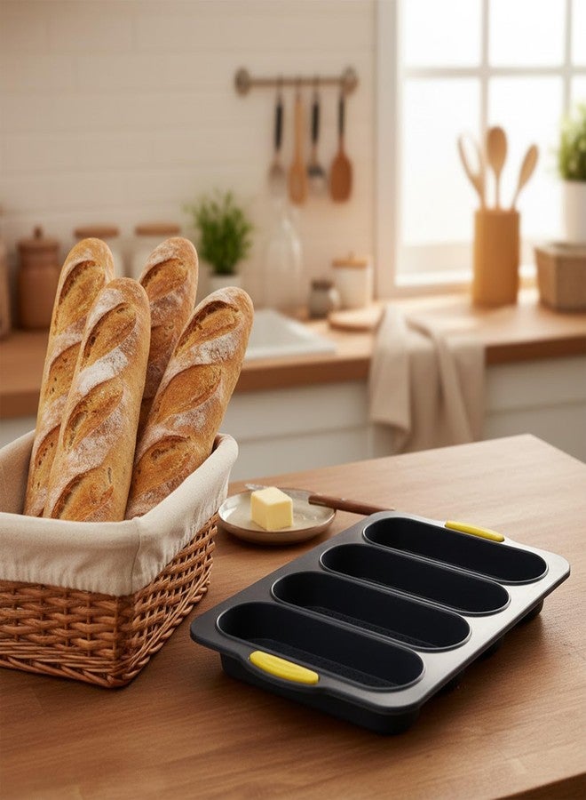 BuleVina French Bread Hoagie Sub Roll Baking Pans 4-slot Mold, Non Stick Silicone Mould Tray for Baguette Sandwich Hot Dog Bun Loaf Food, Mini Tool Set for Homemade Household Restaurant Breakfast Dinner (Gray) - Image 3
