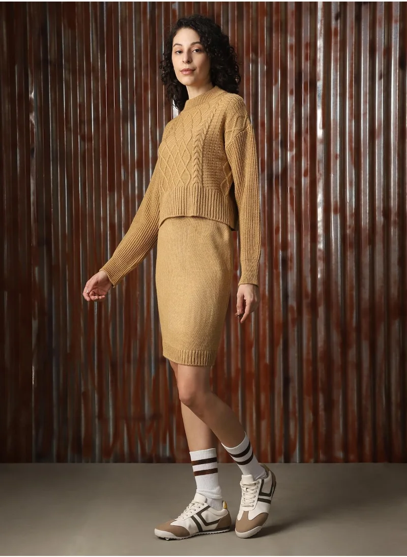 HIGH STAR Women's Beige 100% Acrylic Solid Midi Bodycon Co-Ords
