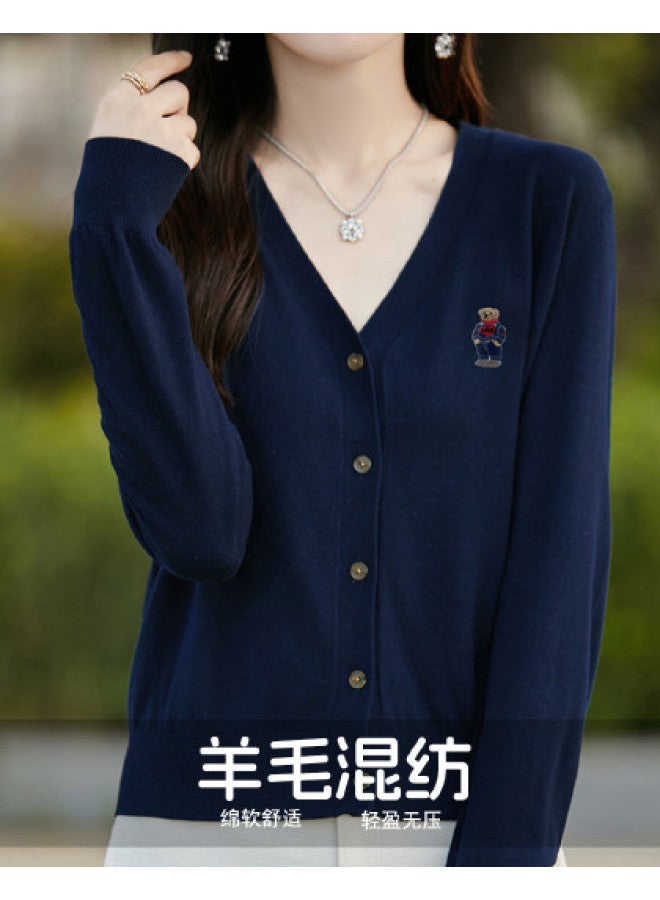 XINYANG 2025 Early Autumn Elegant Wool Blend Bear Pattern Knitted Cardigan Women'S Sweater Embroidered Knitwear Coat - Image 1