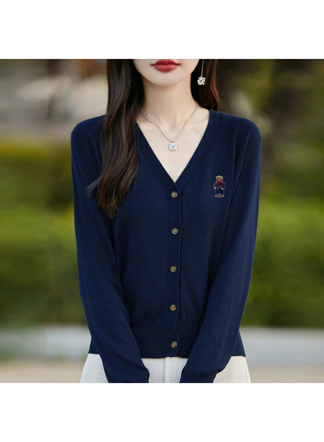 XINYANG 2025 Early Autumn Elegant Wool Blend Bear Pattern Knitted Cardigan Women'S Sweater Embroidered Knitwear Coat - Image 3