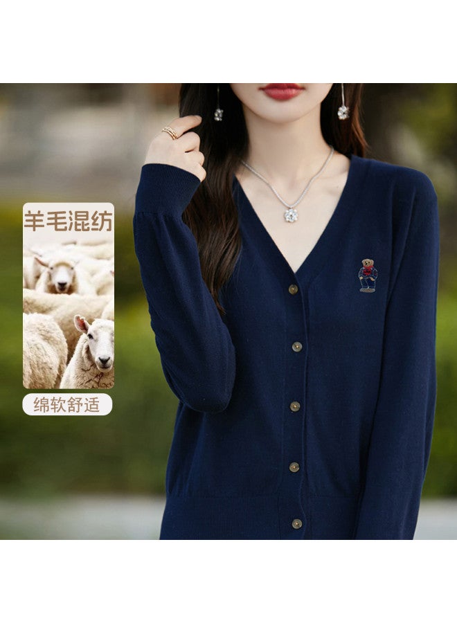 XINYANG 2025 Early Autumn Elegant Wool Blend Bear Pattern Knitted Cardigan Women'S Sweater Embroidered Knitwear Coat - Image 2