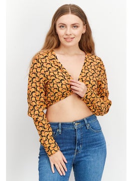 Women V Neck Long Sleeves Allover Print Top, Orange Combo
