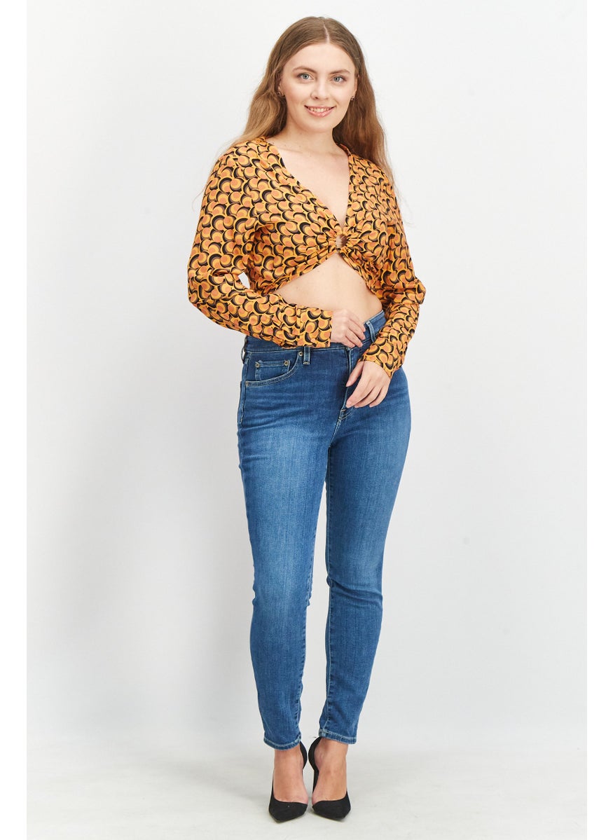 Sinsay - Women V Neck Long Sleeves Allover Print Top, Orange Combo - Image 1