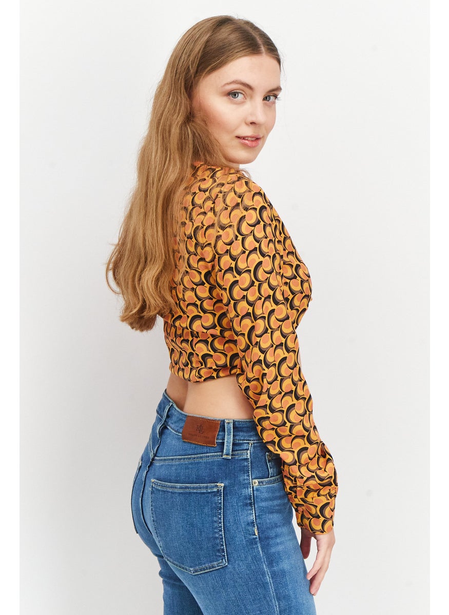 Sinsay - Women V Neck Long Sleeves Allover Print Top, Orange Combo - Image 1