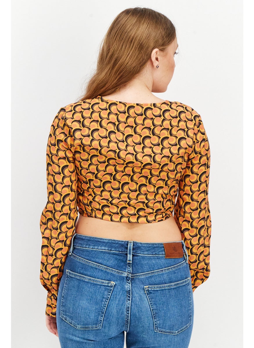 Sinsay - Women V Neck Long Sleeves Allover Print Top, Orange Combo - Image 1