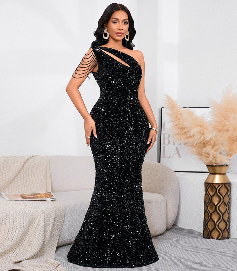 Cololura Women Sequin Elegant Sexy One Shoulder Tassel Oblique Collar Mermaid Bodycon Cocktail Evening Dress Black - Image 4