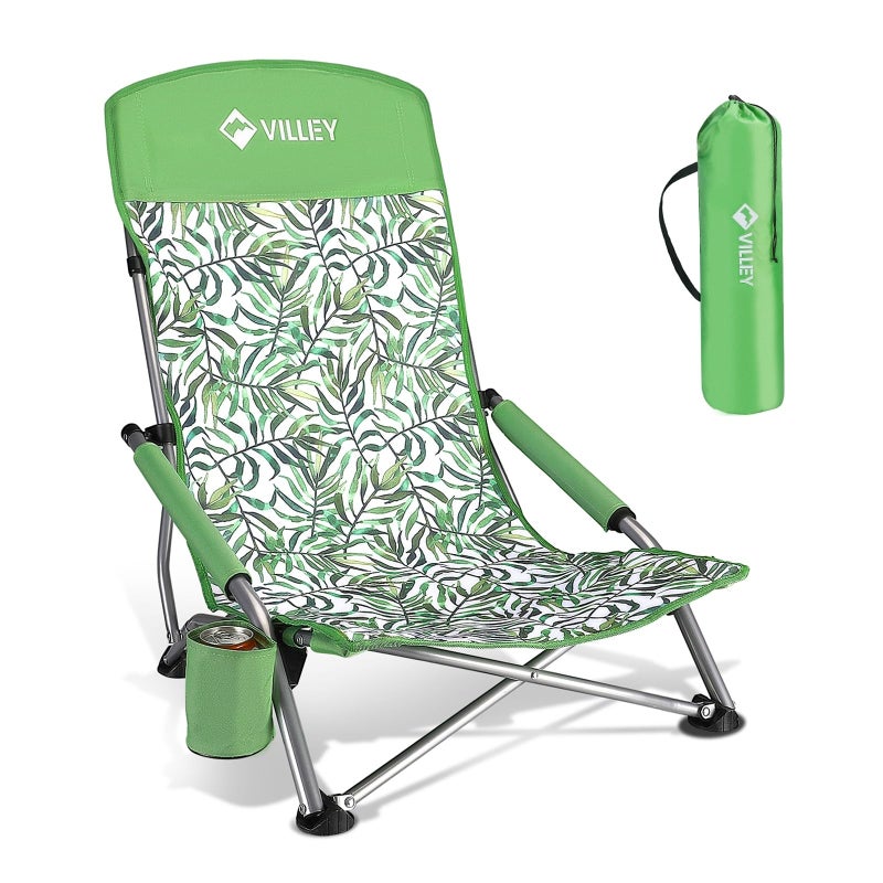 VILLEY Low Beach Chair High Back Folding Beach Chair for Adults Lightweight and Portable for Outdoor Beach Camping Lawn Music Festival with Cup Holder and Carry BagGreen Tropical Leaves