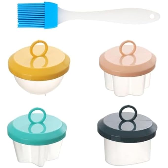 كيلا عبوات البيض بوشر 4 عبوات من قوالب البيض غير اللاصقة مع فرشاة بيض مقاومة عالية الحرارة أكواب سلق البيض 4 أشكال لسندويشات الإفطار، خبز الذرة، خبز الفطائر الهوبي وكعكة القصيرة - Image 1