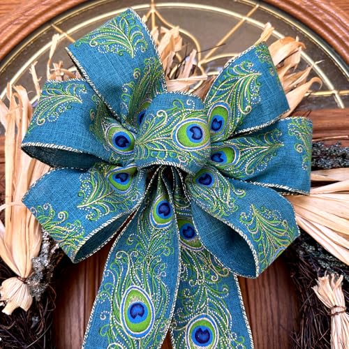 GiftWrap Etc Peacock Print Fall Wired Ribbon - 2 1/2 inch x 10 Yards, Blue, Green, Gold, Feathers, Wedding, DIY Wreath, Swag, Garland, Thanksgiving, Christmas Decor, Mardi Gras, Easter - Image 4