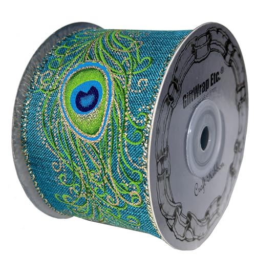 GiftWrap Etc Peacock Print Fall Wired Ribbon - 2 1/2 inch x 10 Yards, Blue, Green, Gold, Feathers, Wedding, DIY Wreath, Swag, Garland, Thanksgiving, Christmas Decor, Mardi Gras, Easter - Image 2