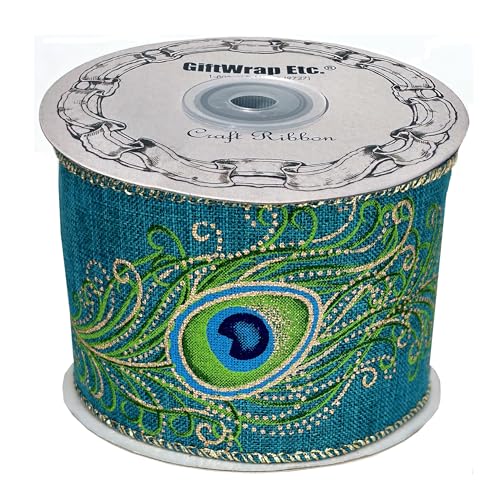 GiftWrap Etc Peacock Print Fall Wired Ribbon - 2 1/2 inch x 10 Yards, Blue, Green, Gold, Feathers, Wedding, DIY Wreath, Swag, Garland, Thanksgiving, Christmas Decor, Mardi Gras, Easter - Image 1