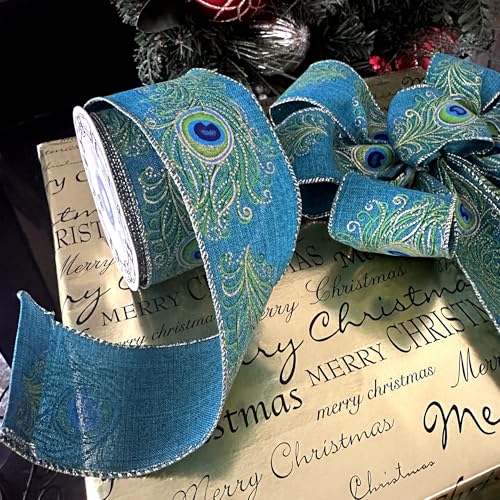 GiftWrap Etc Peacock Print Fall Wired Ribbon - 2 1/2 inch x 10 Yards, Blue, Green, Gold, Feathers, Wedding, DIY Wreath, Swag, Garland, Thanksgiving, Christmas Decor, Mardi Gras, Easter - Image 3