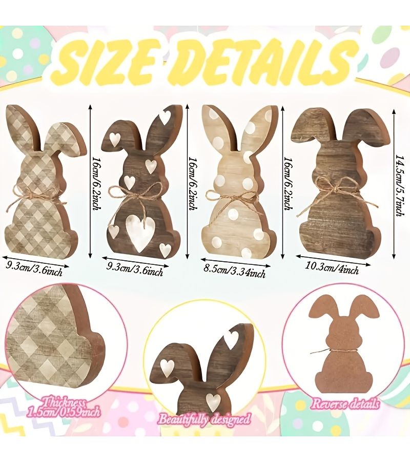 Vintage Wooden Easter Bunny And Egg Statue 4 Styles Figurine Decoration For Easter Egg Hunt Table Centerpiece Spring Party Decor Model D - Image 3