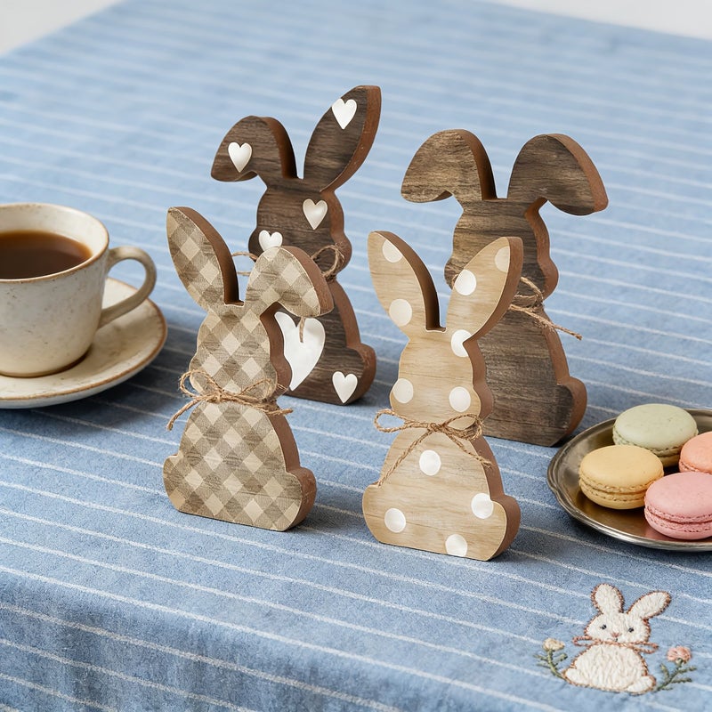 Vintage Wooden Easter Bunny And Egg Statue 4 Styles Figurine Decoration For Easter Egg Hunt Table Centerpiece Spring Party Decor Model D - Image 1