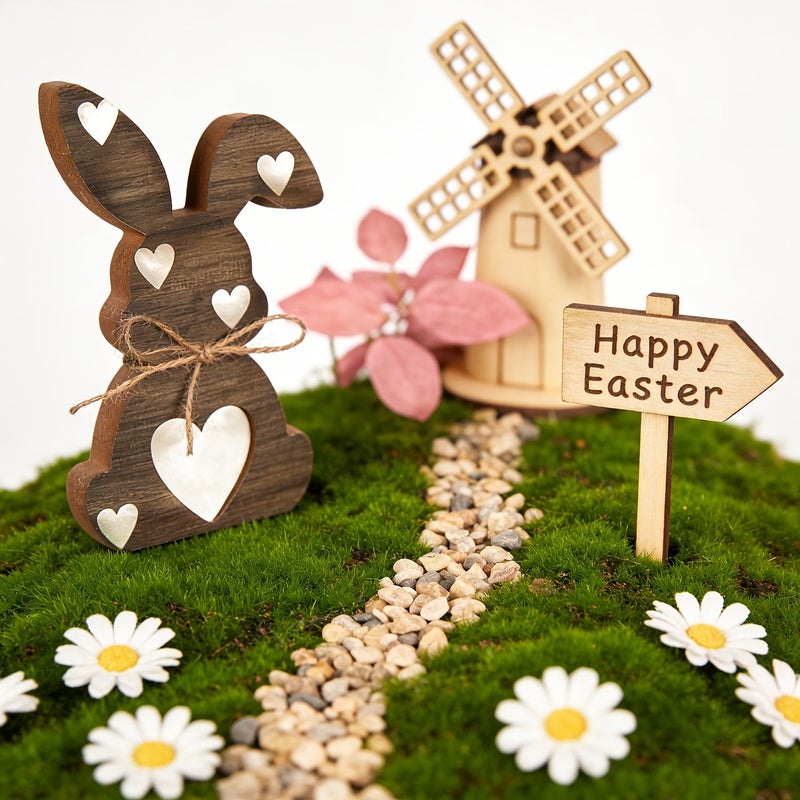 Vintage Wooden Easter Bunny And Egg Statue 4 Styles Figurine Decoration For Easter Egg Hunt Table Centerpiece Spring Party Decor Model D - Image 2