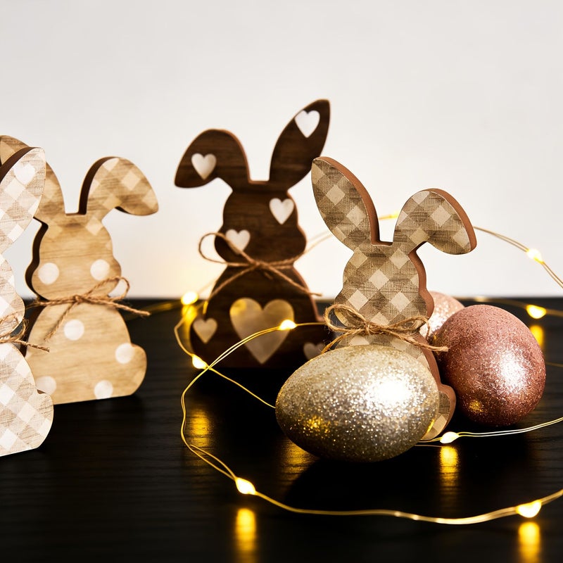 Vintage Wooden Easter Bunny And Egg Statue 4 Styles Figurine Decoration For Easter Egg Hunt Table Centerpiece Spring Party Decor Model D - Image 4