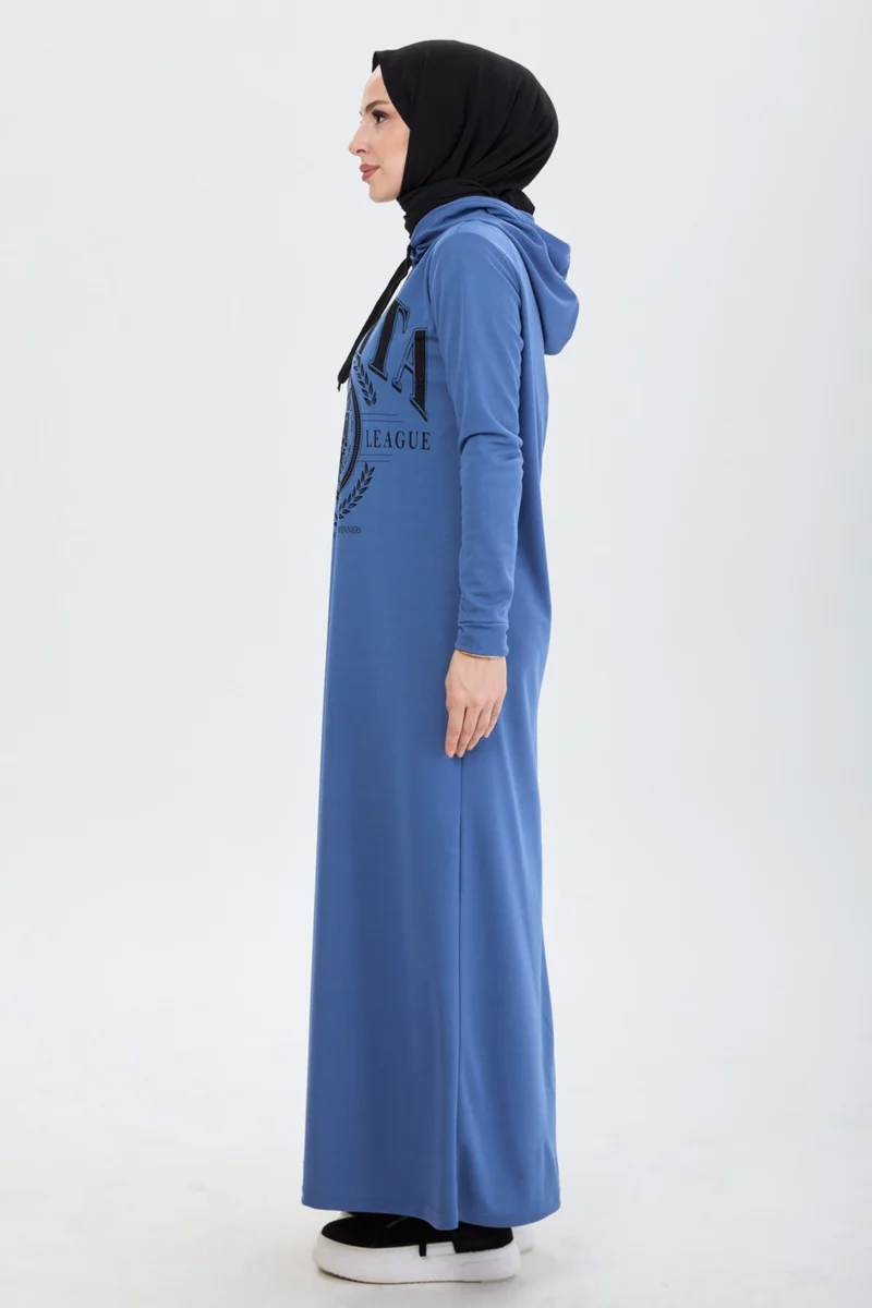 Tofisa 13086-INDIGO Front Printed Hooded Hijab Dress