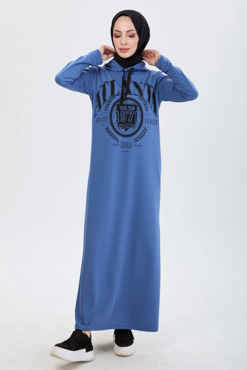Tofisa 13086-INDIGO Front Printed Hooded Hijab Dress