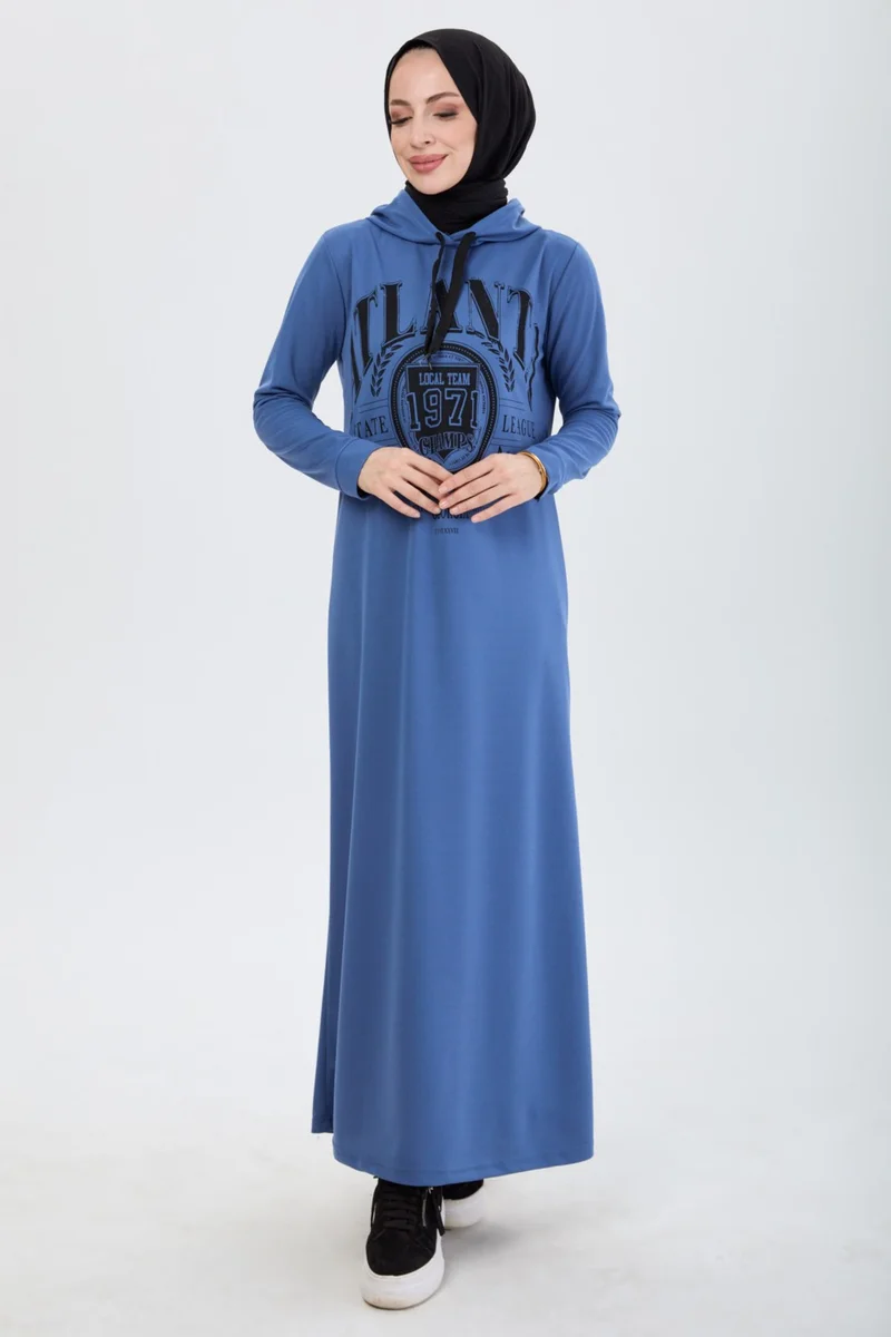 Tofisa 13086-INDIGO Front Printed Hooded Hijab Dress