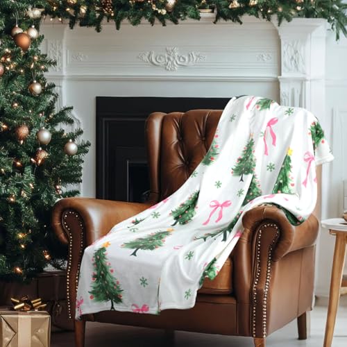 Hahafelt Pink Bow Christmas Tree Flannel Throw Blanket Pastel Soft Fuzzy Plush Fleece Blanket 50 x 60 Inch Coquette Bows Xmas Tree Gifts for Women Girls Sofa Couch Travel Bed Home Decoration - Image 1