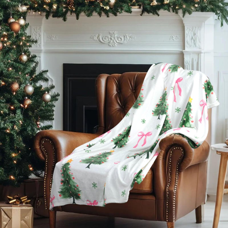 Hahafelt Pink Bow Christmas Tree Flannel Throw Blanket Pastel Soft Fuzzy Plush Fleece Blanket 50 x 60 Inch Coquette Bows Xmas Tree Gifts for Women Girls Sofa Couch Travel Bed Home Decoration - Image 2