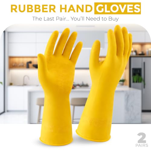 LADWA Premium Rubber Household Cleaning Gloves, Yellow and Red Color Reusable Waterproof Gloves for Kitchen Cleaning, Dishwashing, Gardening and Bathroom Use with Durable Grip (Pack of 2 Pairs) - Image 2